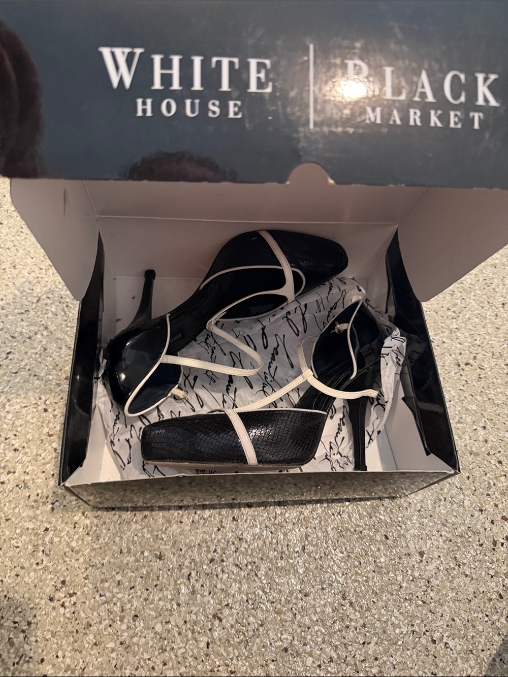 White House Black Market Black Heels with Cream Straps